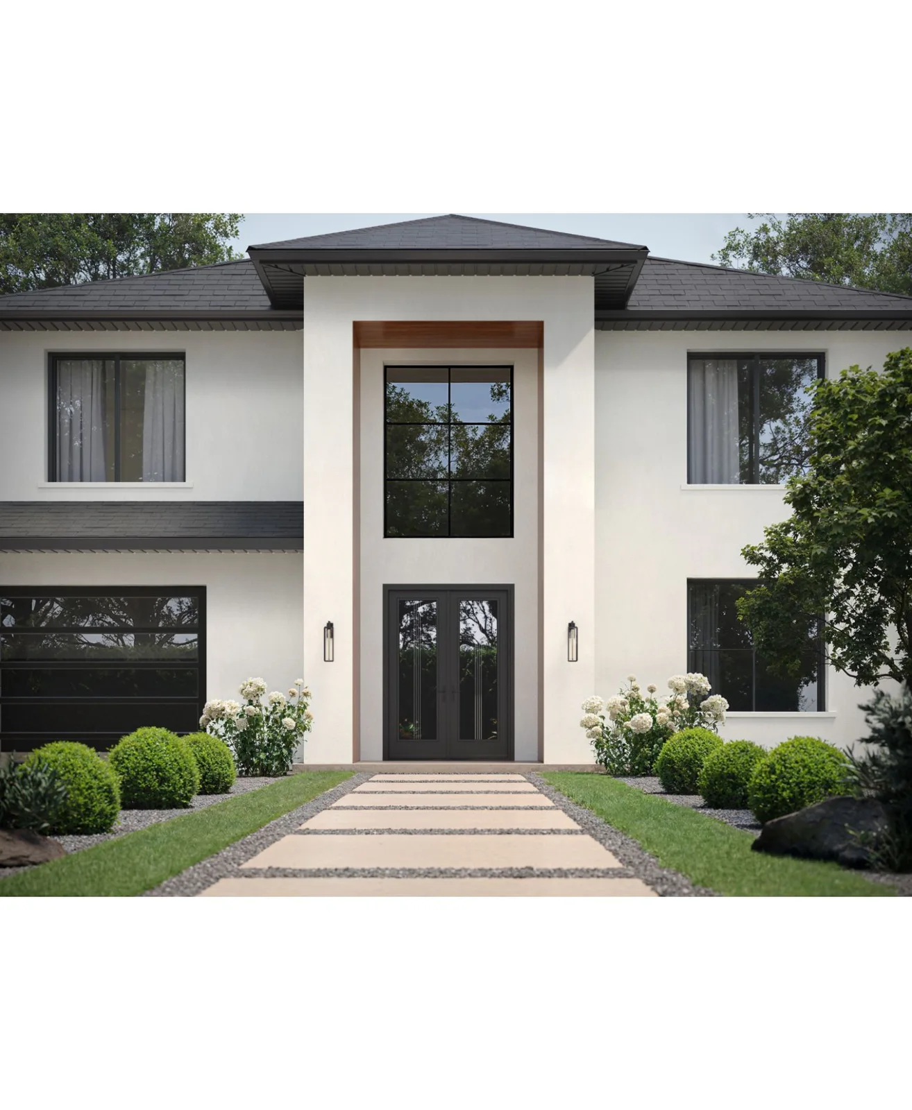 Black linear privacy door glass shown in a complete entrance