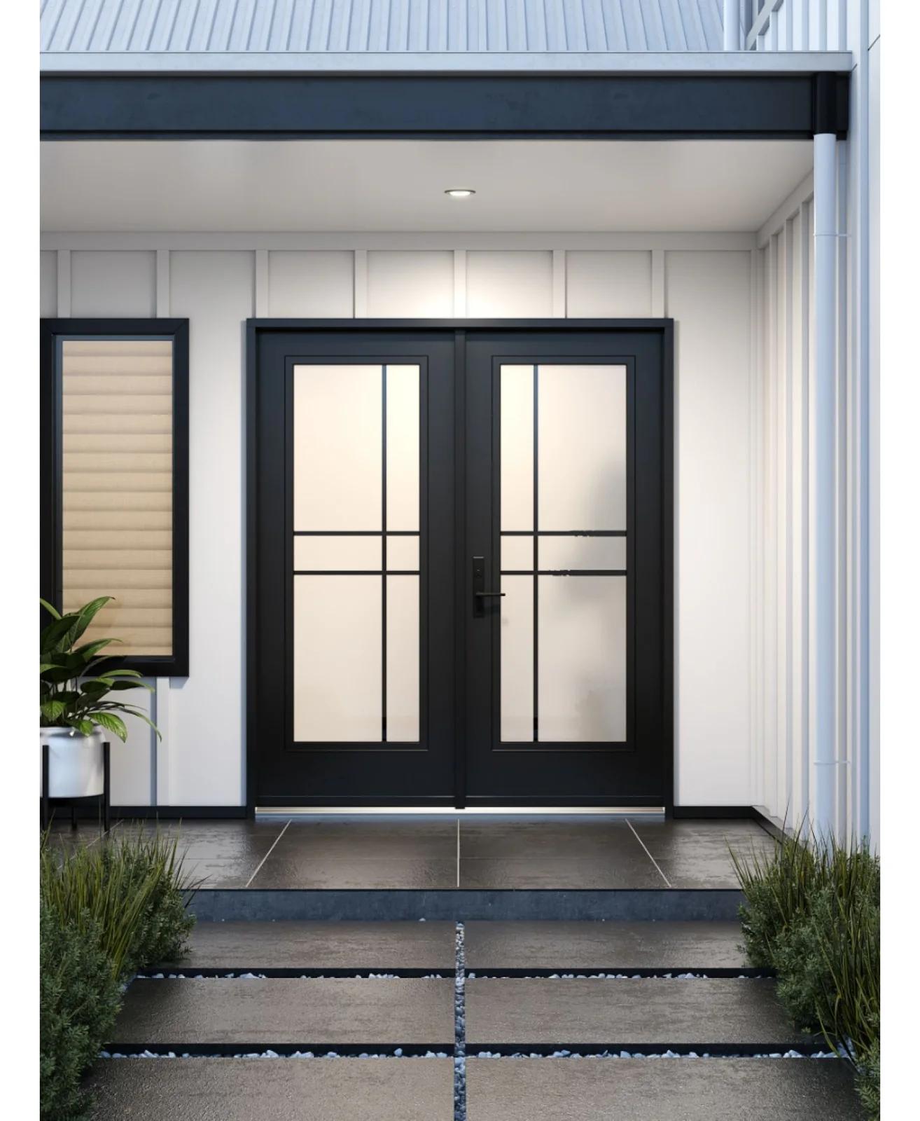 Entrance configuration with frosted high-privacy door glass