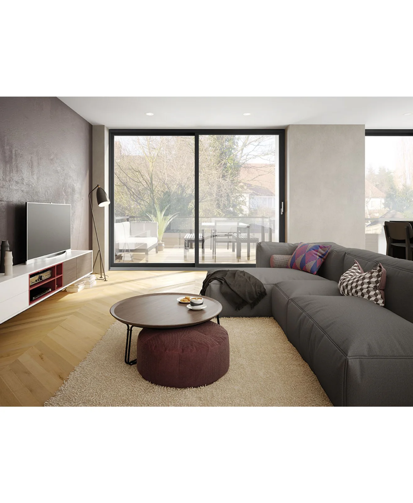 Slim-frame aluminum patio door in a living space