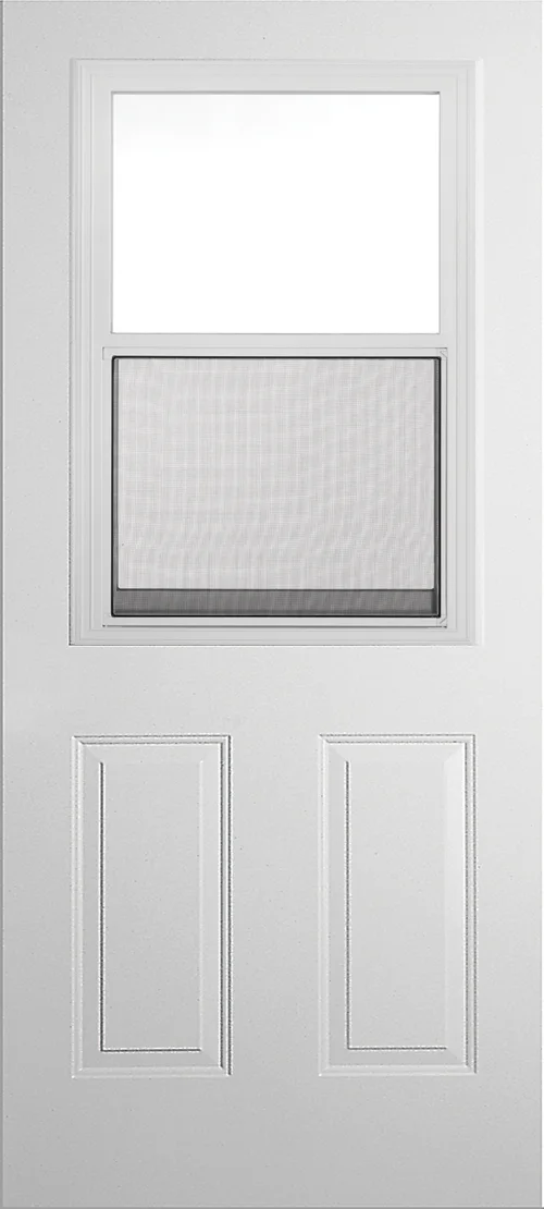 Complete white entry door with a screened venting glass insert