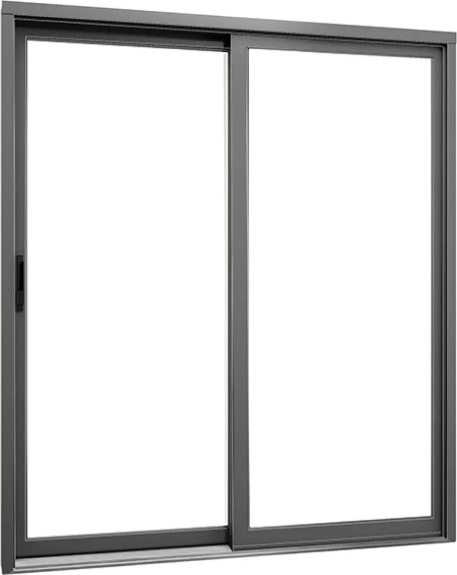 Complete dark-frame hybrid sliding patio door with two panels