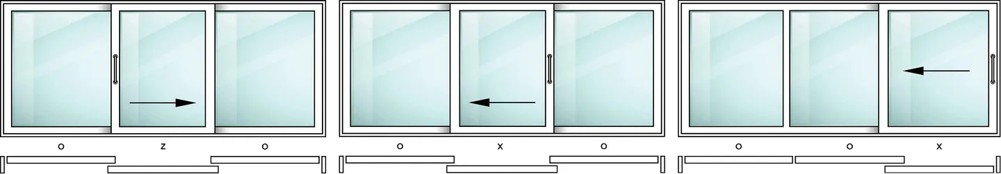 Three neutral patio-door panel layouts showing different sliding directions