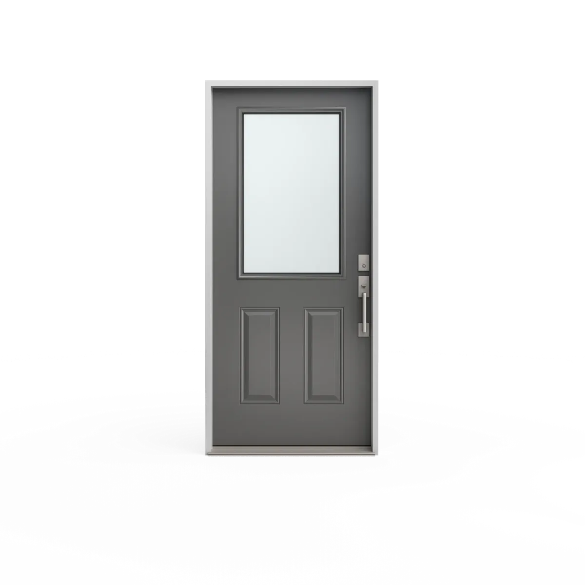 Representative dark steel entry door with upper glass and lower panels