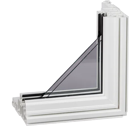Cutaway view of a fixed picture window frame and insulated glass profile