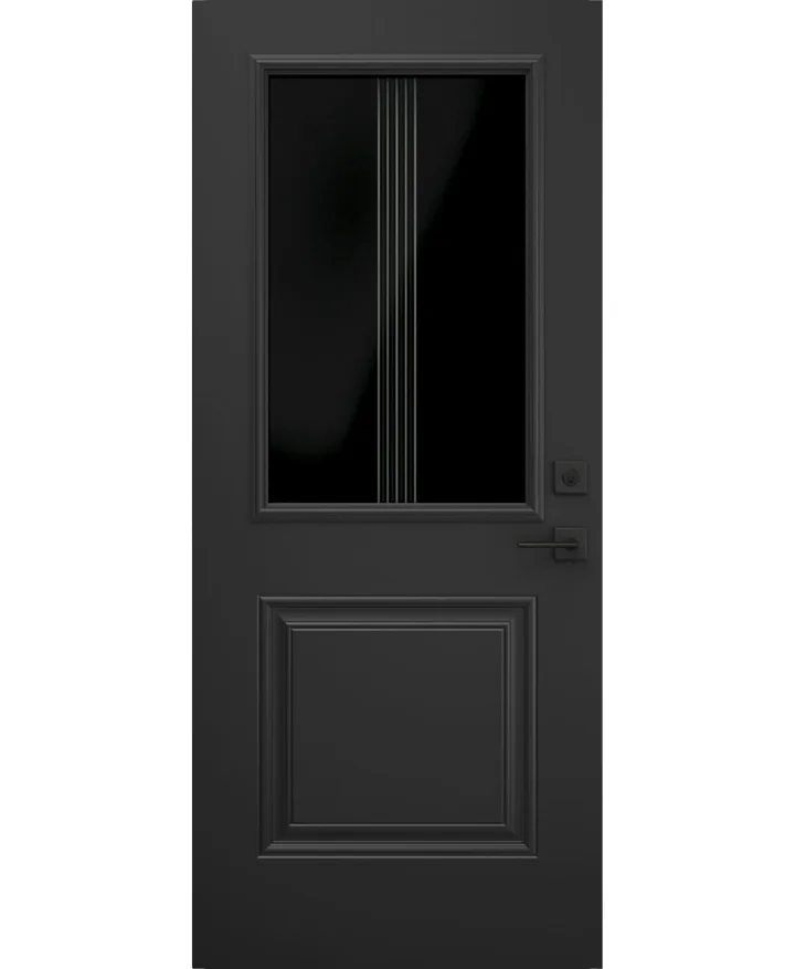 Close view of black linear privacy door glass