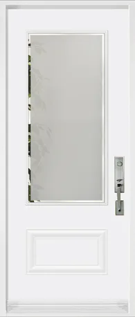 Sandblasted privacy door glass with clear accent zones