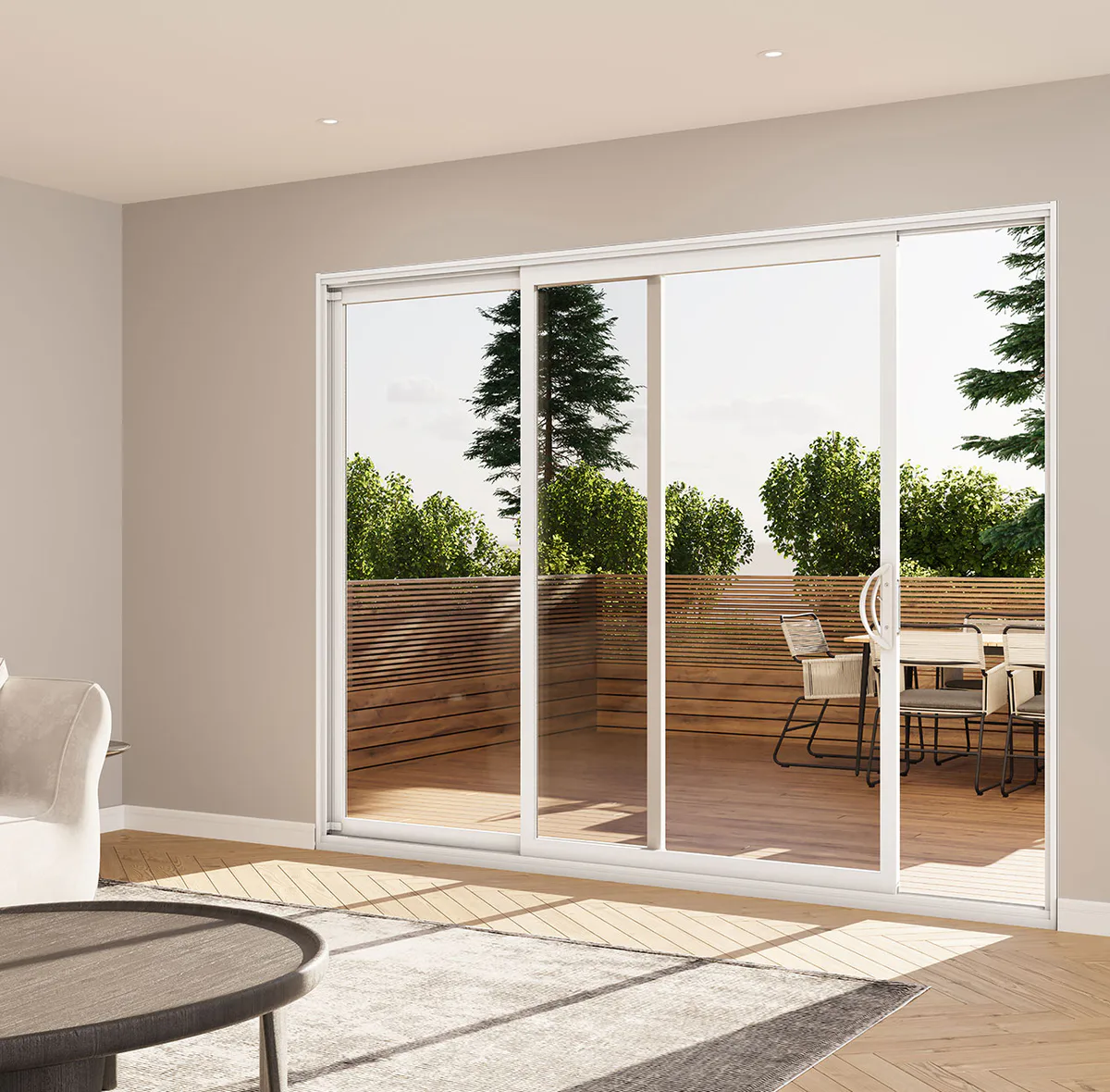 Two-panel white sliding patio door